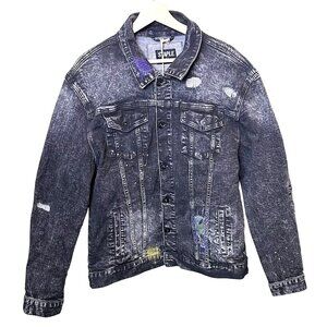 STAPLE Mens XL Distressed Denim Jacket with Paint Splatter‎ & Patchwork NWT